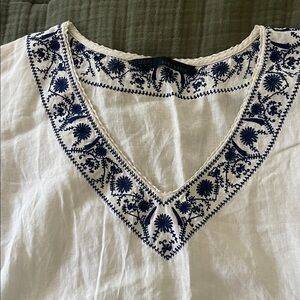 Zara White Linen Coverup with Blue Embroidery